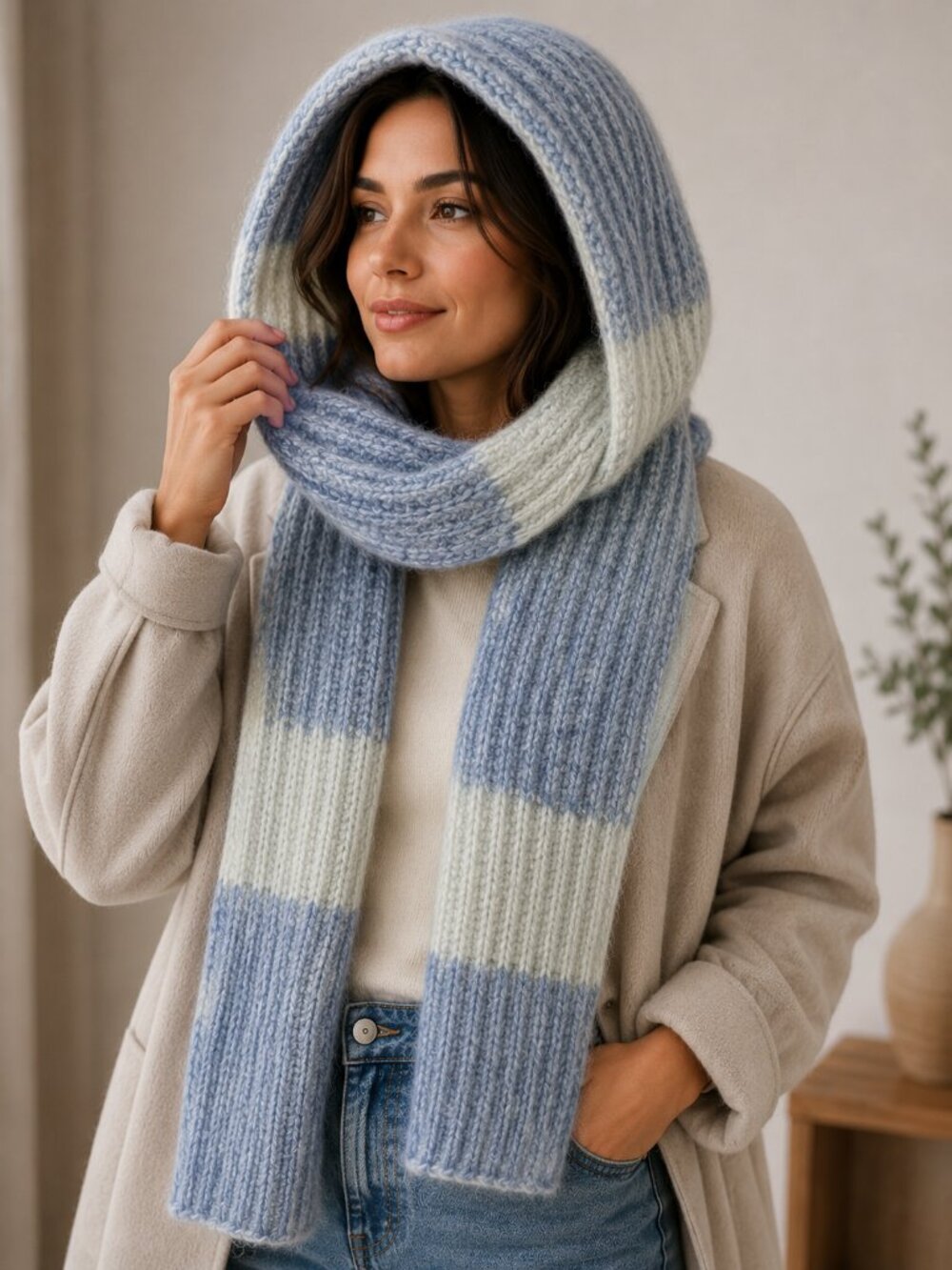 Handmade Knit Hooded Scarf Beanie Blue Cream Winter Hood Scarf Wrap